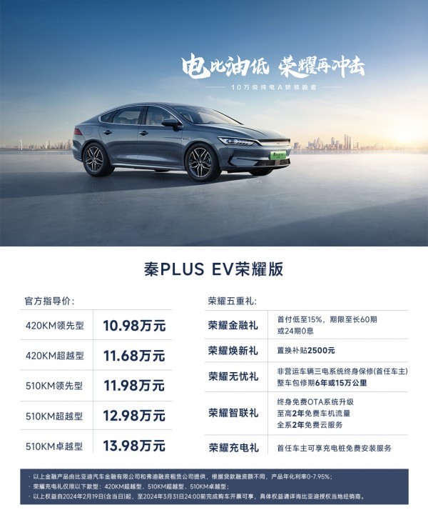 秦PLUS荣耀版7.98万元起震撼上市，拉开“电比油低”大幕